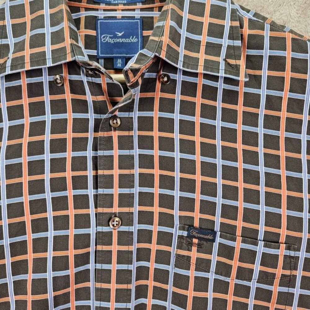 Vintage Faconnable Mens Dress Shirt Size M Pockets Check Plaid Long Sleeve - Picture 8 of 10